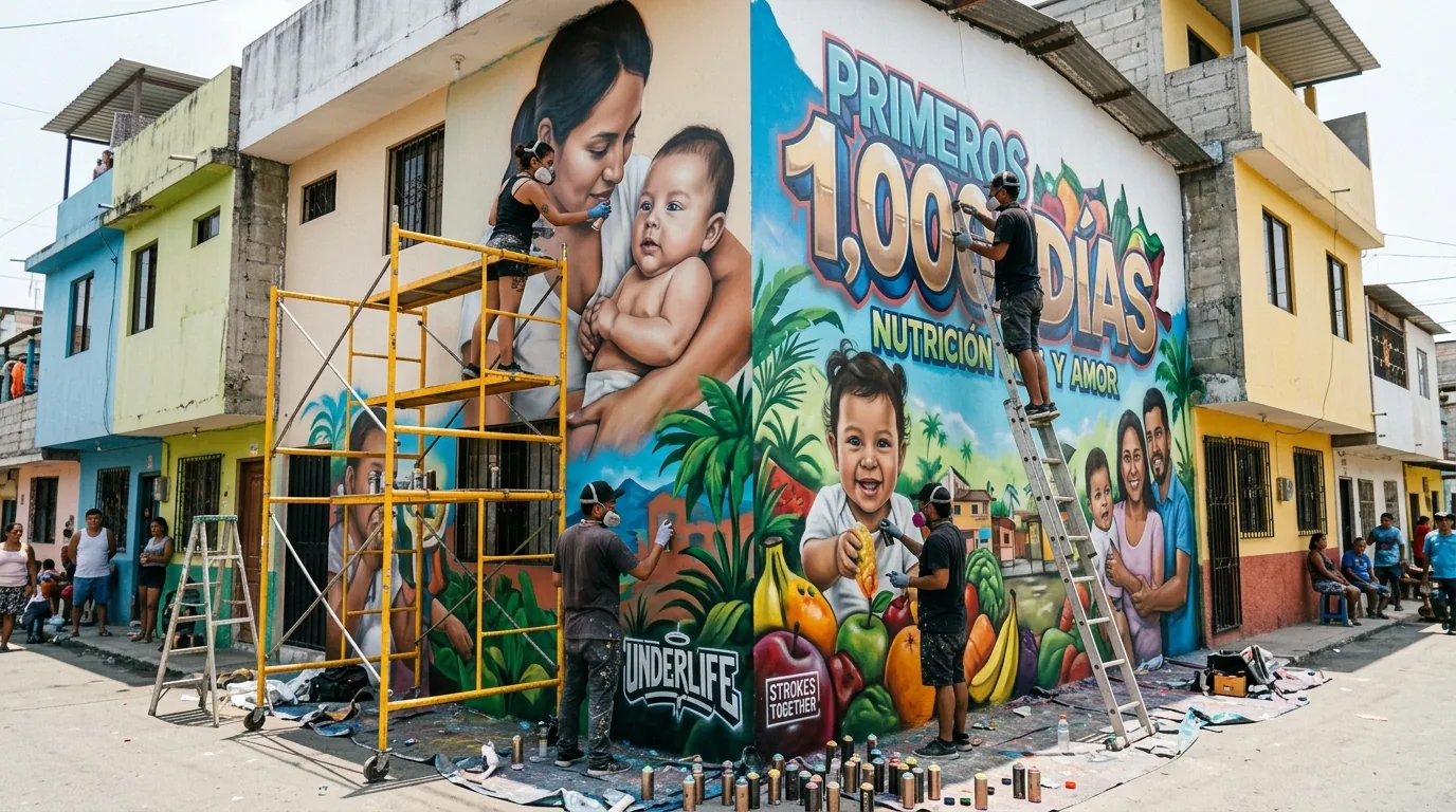 Muralistas y grafiteros en alianza con Strokes Together y Fundación Underlife trabajando en muros comunitarios